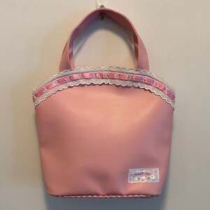 Vintage HTF San-X Shiawase Nyanko Pink Faux Leather Tote Bag with Lace and Ribbo